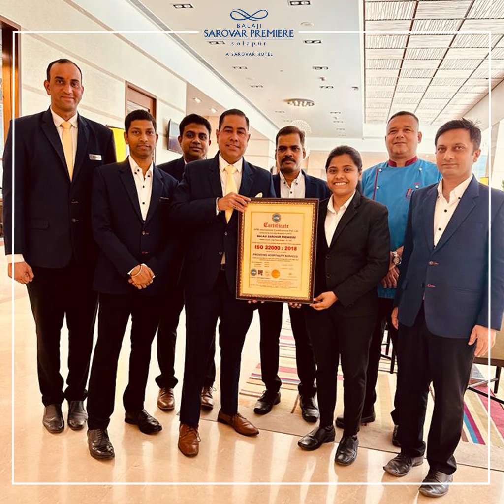 BSPsolapur's tweet photo. We feel elated to be #ISOcertified for food safety standards. While we focus on providing luxurious stays to our customers, we never compromise on food safety standards. Safety and hygiene always comes first! 
#BalajiSarovarPremiere #YourLuxuryStayInSolapur

#SarovarHotel #iso https://t.co/C0zc2LNem3