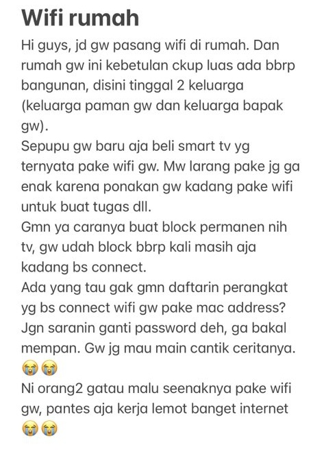 SeputarTetangga's tweet photo. Block permanent Smart TV dari akses WiFi

sudah pernah coba diblock tapi masih bisa connect https://t.co/lbdMOkR1gY