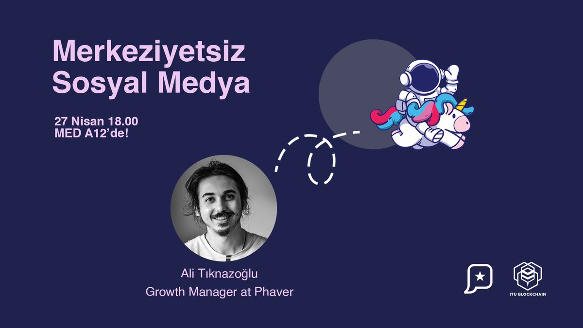 Bu hafta <a href="/alitiknazoglu/">ali.base.eth</a> ile merkeziyetsiz sosyal medyada içerik üreticisi olmayı konuşacağız 💬 

SocialFi yani içeriklerinizi merkeziyetsiz şekilde yönetebileceğiniz ve Web 3.0 ilkelerine göre işleyen sosyal medyayı keşfedeceğiz! 📱

27 Nisan’da MED A-12’de buluşalım! 🌟