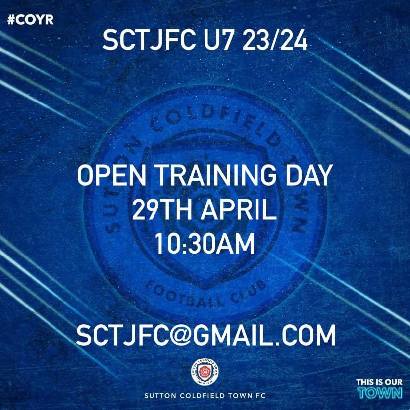 Sutton Coldfield Town Juniors FC (@sctjfc) on Twitter photo <a href="/SCTJFC/">Sutton Coldfield Town Juniors FC</a> U7s 2023/24 season
Open training day!!!! ⚽️💙🤍
Saturday 29th April 10.30am start at Bishop Walsh School
For more info please contact:
sctjfc@gmail.com <a href="/SCTJFC/">Sutton Coldfield Town Juniors FC</a> U7s 2023/24 season
Open training day!!!! ⚽️💙🤍
Saturday 29th April 10.30am start at Bishop Walsh School
For more info please contact:
sctjfc@gmail.com