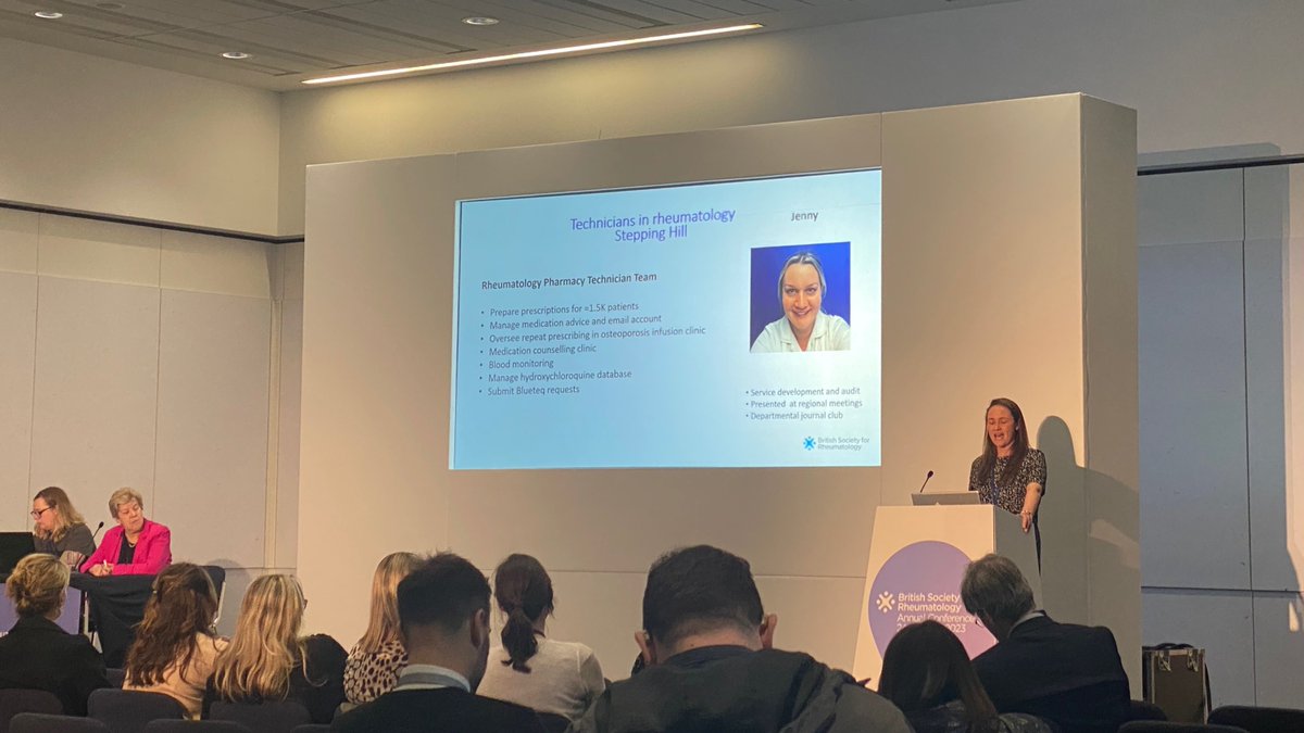 RheumatologyUK's tweet photo. Rebecca Heaton emphasising the importance of pharmacy technicians in teams in her talk. #BSR23 https://t.co/boLu6lJ5FD