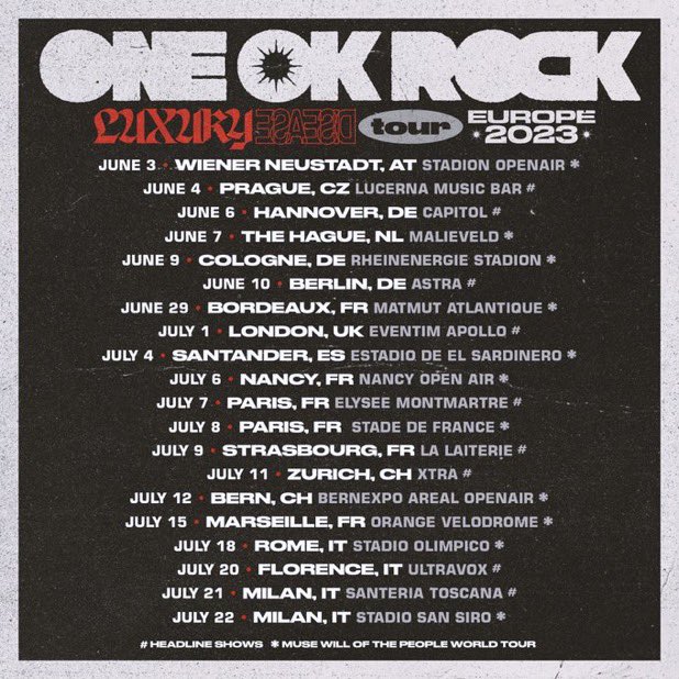[MUSIQUE] #ONEOKROCK 

Le groupe de J-Rock  ONE OK ROCK fera une tournée européenne et on a une date pour la France ! 🇫🇷 🎸

Le groupe débarque à Paris le 7 juillet 2023 et fera son concert à l’Elysée Montmartre ! 🔥

Les billets seront en prévente le 26 avril dans 2 jours ! 🎫