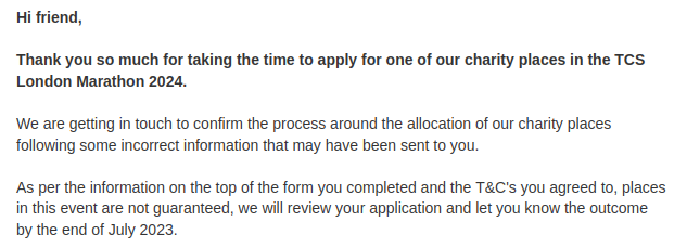 Well this is interesting given that I've not made any applications for any marathons. Looks like someone's mailing list has gone peculiar........