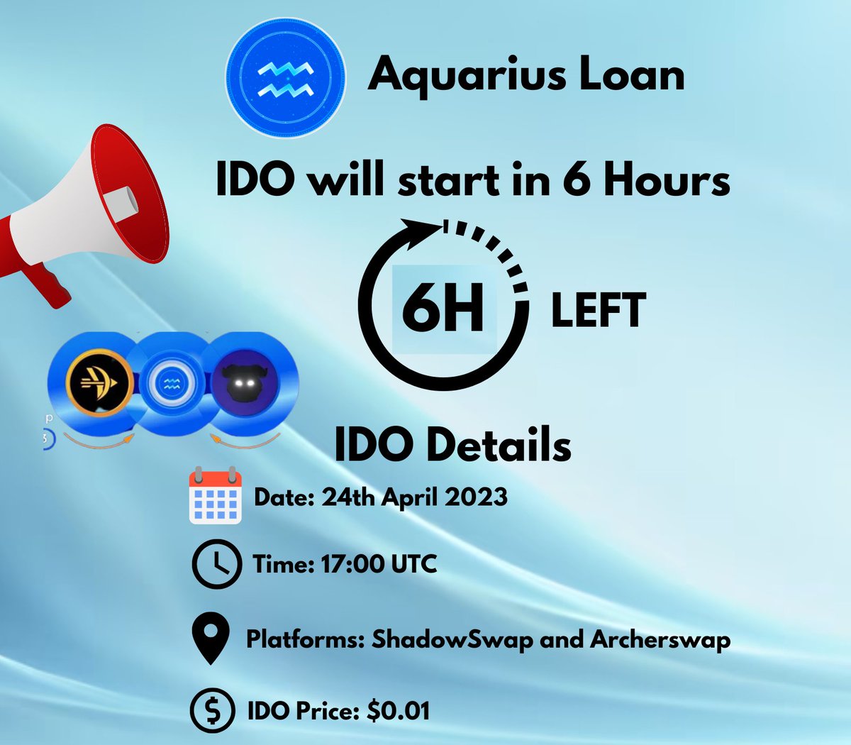 COREGems1's tweet photo. 🕐 Clock is ticking! In just 6 Hours, the Grand IDO of Aquarius Loan will start on ShadowSwap and ArcherSwap!

👀 Experts are saying that Hard Cap is going to be reached in minutes and it's set to overtake all other IDOs on #CORE

📅 Date: 24/04/2023
⌚️ Time: 17:00 (UTC)
🔗 Presale Links: https://t.co/WD63xNUTqO and https://t.co/sukbFmtC5R
💲 IDO Price: $0.01