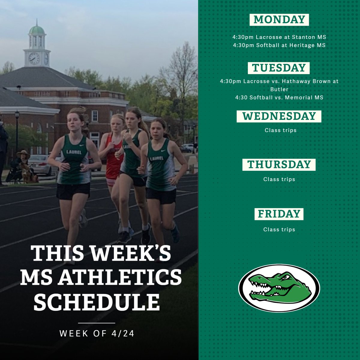 You  only have two days to catch the Middle School athletes in action this week!

Go Gators!!