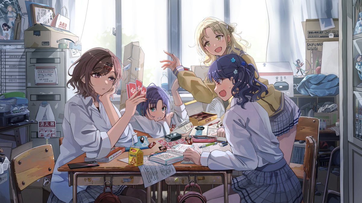 asakura toru ,fukumaru koito ,higuchi madoka ,ichikawa hinana multiple girls 4girls skirt school uniform indoors brown hair hair ornament  illustration images