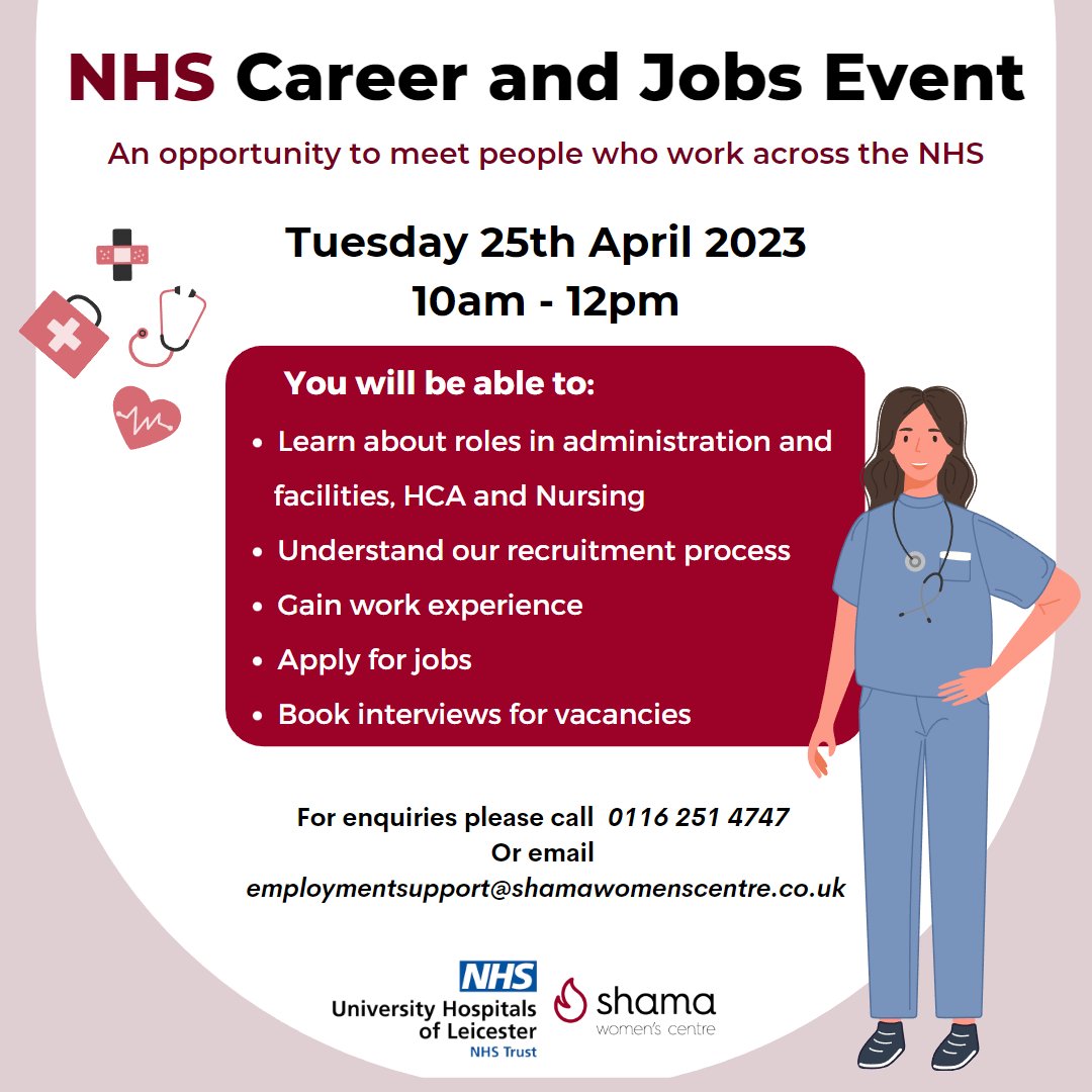 A reminder that if you are looking for a job come to our NHS Career event tomorrow at Shama Women's Centre and take advantage of our support services!

For more information call 01162514747 or email employmentsupport@shamawomenscentre.co.uk

#JobsLeicester #LeicesterJobs #NHSJobs