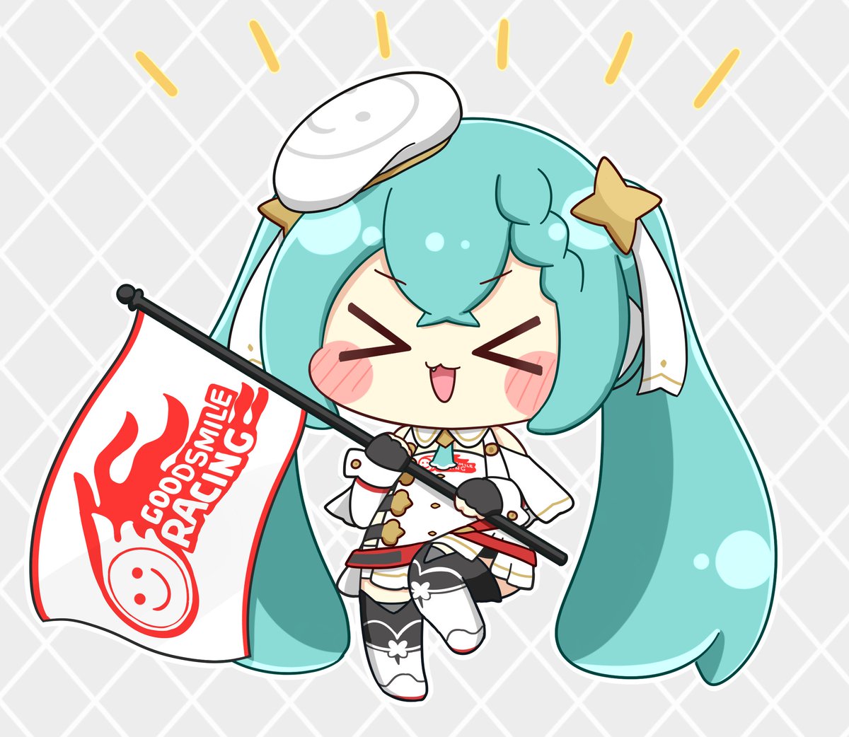 hatsune miku ,racing miku 1girl chibi twintails holding flag flag holding > <  illustration images