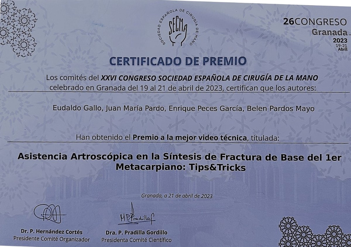 La Unidad de Mano de nuestro hospital, perteneciente al Servicio de Cirugía Ortopédica y Traumatología, ganó el pasado viernes el premio a la mejor videotécnica en el XXVI Congreso de la Sociedad Española de Cirugía de la Mano (SECMA)