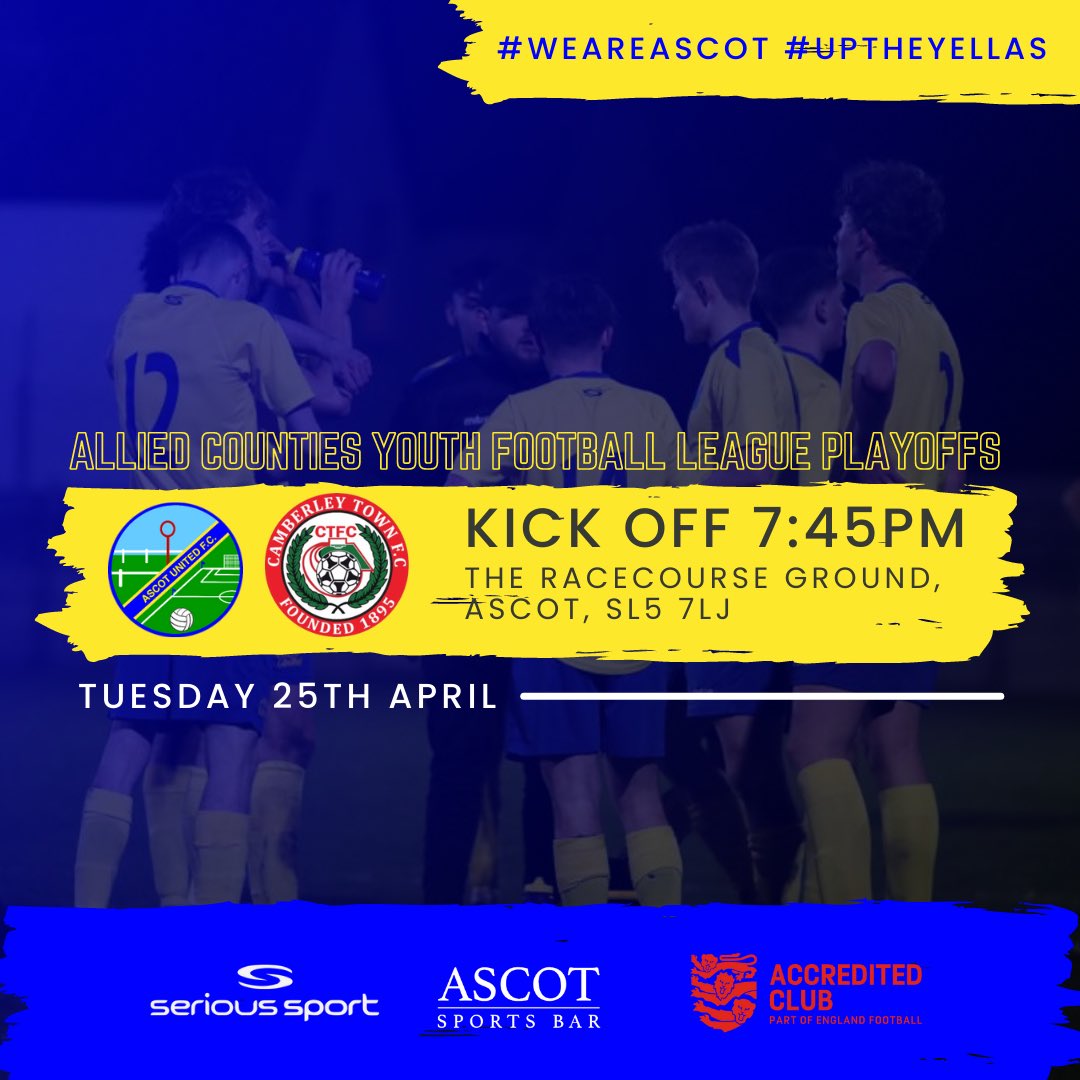AscotUnitedFC's tweet photo. 👊 Let’s get behind the Allied squad this Tuesday as they welcome @CtfcU18 to the Racecourse in the @ACYFLofficial playoffs. 

Kick off at 7:45pm, @AscotSportsBar and the cafe open. 

LET’S GOOOOO YELLAS 💪

#WeAreAscot #UptheYellas https://t.co/3ZzmEh8FUU