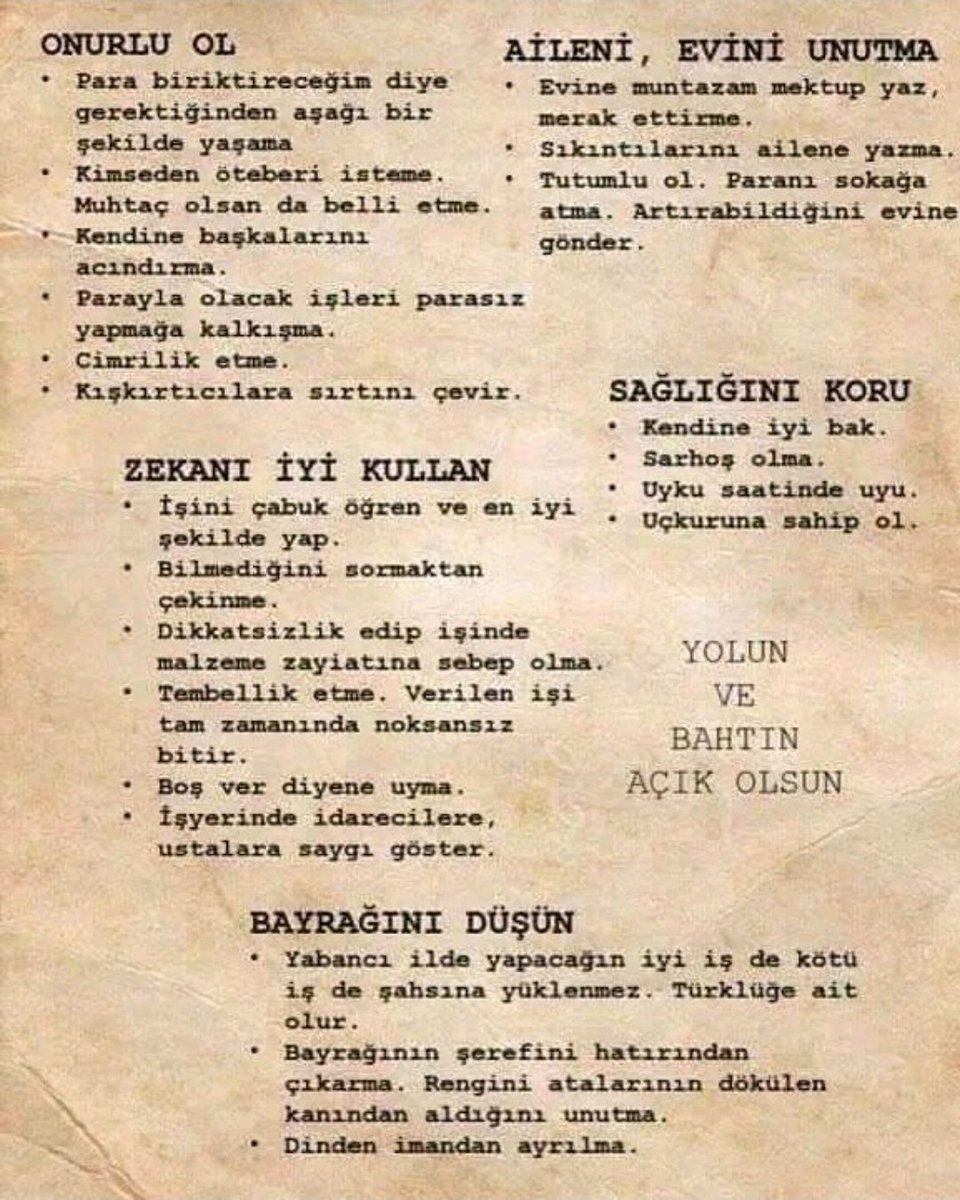 1960 yılında Türkiye'den Almanya'ya giden işçilere verilen öğütlerin yer aldığı liste.