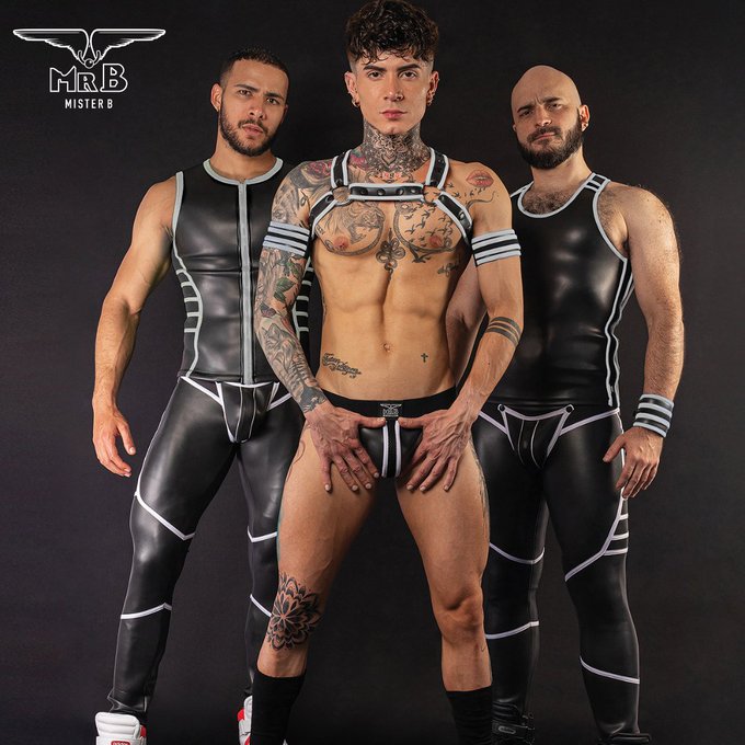 Mister B NEOPRENE is a sexy new line of shiny, tight fetish gear. Available in simple black, or in black