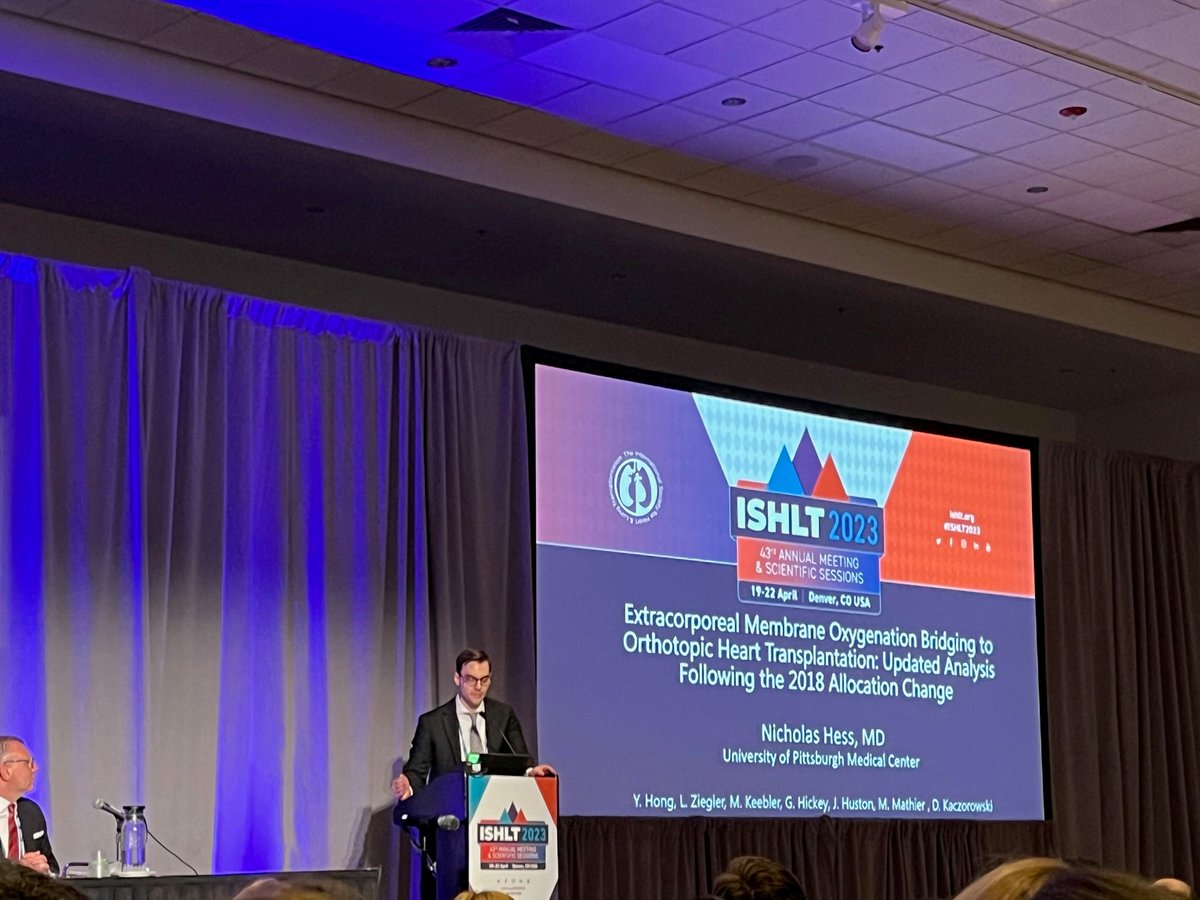 Last week, @UPMC_CTSurgery's Dr. Nicholas Hess took to the podium at #ISHLT2023 to discuss extracorporeal membrane oxygenation bridging to orthotopic heart transplantation. Learn more about this presentation: bddy.me/3L0MnNy