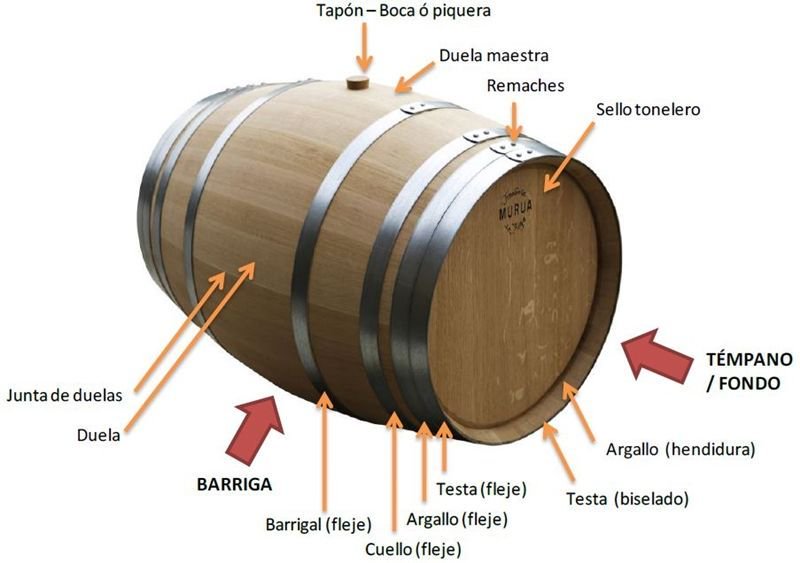 Sabías que... "las barricas" oxigenan el vino lentamente aportando textura y aromas. Sus capacidades van desde los 190 l hasta las más grandes de 650 l (fudres). La más habitual son las de 220 l, siendo las de 225 las llamadas "Bordolesas". 
Partes de una barrica 🍷
📷 ???