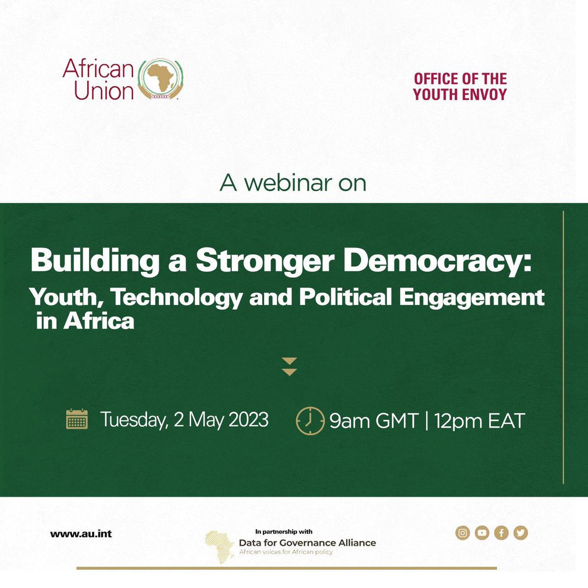 Are you a young African interested in governance and political engagement? Join the @AU_YouthEnvoy & the  @Data4GovAfrica for a webinar exploring the role of tech in building a stronger democracy in Africa. Don't miss out on this chance to learn & to engage with peers #Tech4Gov