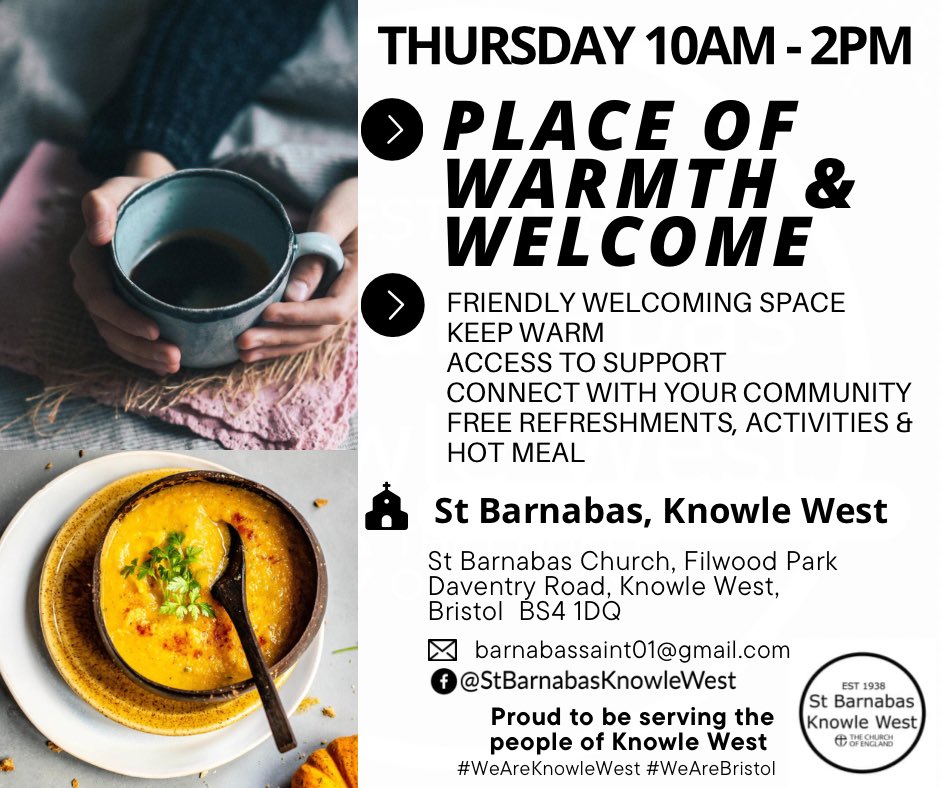 St Barnabas Place of Warmth &amp; Welcome continues every Thursday 10am-2pm; free refreshments, WiFi. Hot soup 12 noon. 
This week, another drop in debt advice session from South Bristol Advice Service around cost of living issues (10am - noon)
All Welcome. 🌈❤️🙏🏻✝️😁