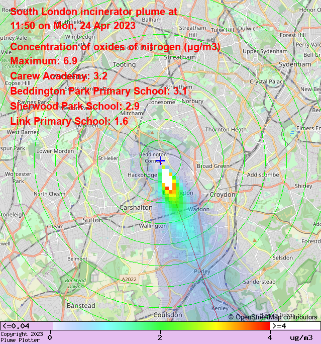 plumeplotter's tweet photo. Latest South London incinerator plume plot, 11:50  24/04/23 #Bandonhill #Wallington #Roundshaw  https://t.co/qArVHySiNA https://t.co/utoprWPSli