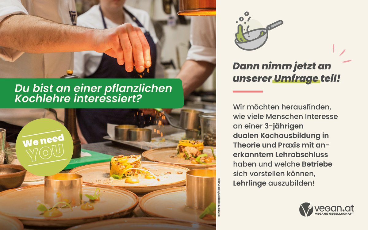 Die klassische österreichische Kochlehre ist auf dem Zubereiten tierischer Produkte aufgebaut. 🙁🇦🇹 Doch der Bedarf an gut ausgebildeten pflanzlichen Köch:innen steigt - nehmt bei Interesse an einer Ausbildung bitte an unserer aktuellen Umfrage teil! 💚 ➡ vegan.at/kochlehre