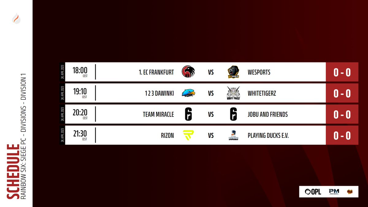 FireLeague (@fireleagueeu) on Twitter photo shizzo carries this cast solo, but the matches are..🤤
📺twitch.tv/fearnixxgaming
🎙@shizzo82
🔥Matches:
▶️18 CET <a href="/1ECFrankfurt/">1. Esport Club Frankfurt e.V.</a> vs @WeSports_de
▶️19.10 CET <a href="/davinci_esports/">DAViNCi ESPORTS 🦅</a> vs <a href="/whitetigerzGG/">WhiteTigerZ</a>
▶️20.20 CET <a href="/Team_Miracle_R6/">Team Miracle by Austrian Force</a> vs #JobuandFriends
▶️21.30 CET <a href="/RIZONDOTGG/">RIZON</a> vs <a href="/PlayingDucks/">Playing-Ducks e. V. 🇩🇪🦆</a> shizzo carries this cast solo, but the matches are..🤤
📺twitch.tv/fearnixxgaming
🎙@shizzo82
🔥Matches:
▶️18 CET <a href="/1ECFrankfurt/">1. Esport Club Frankfurt e.V.</a> vs @WeSports_de
▶️19.10 CET <a href="/davinci_esports/">DAViNCi ESPORTS 🦅</a> vs <a href="/whitetigerzGG/">WhiteTigerZ</a>
▶️20.20 CET <a href="/Team_Miracle_R6/">Team Miracle by Austrian Force</a> vs #JobuandFriends
▶️21.30 CET <a href="/RIZONDOTGG/">RIZON</a> vs <a href="/PlayingDucks/">Playing-Ducks e. V. 🇩🇪🦆</a>