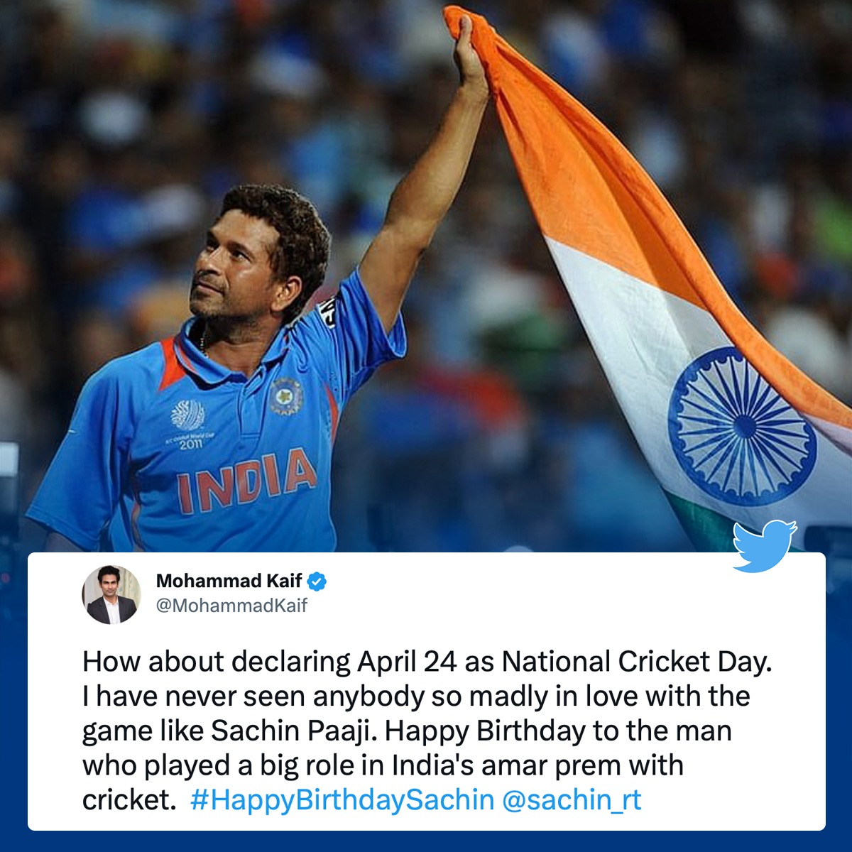 100MasterBlastr's tweet photo. Mohammad Kaif has asked for declaring 24th April as the National Cricket Day. 🏏

#HappyBirthdaySachin #50ForSachin https://t.co/U2WgLmd3XH