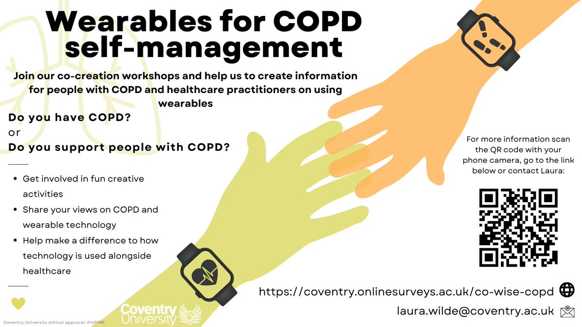 🎉#COPD research opportunity!🎉
Do you have COPD or support people with COPD? Let's get creative &amp; co-develop information for people with COPD on using #wearables for self-management. Get in touch or go to: coventry.onlinesurveys.ac.uk/co-wise-copd
#pulmonaryrehab #respiratory #lung