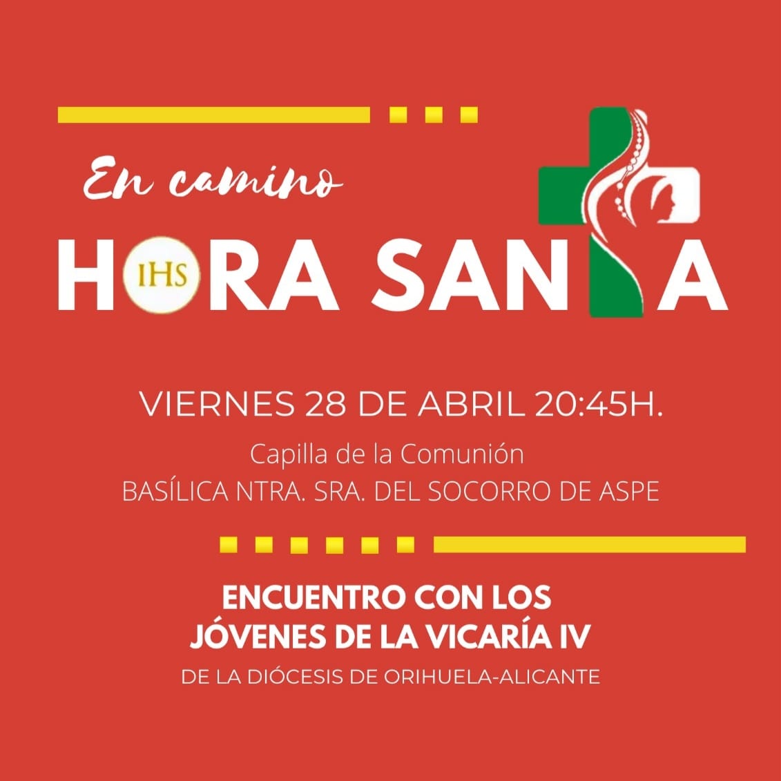 Nuestros jóvenes siguen preparando la <a href="/jmj_es/">JMJ Seoul 2027</a> . Este pasado viernes celebraron una vigilia en #Elche el grupo de la Vicaría III.
Los de la vicaría IV harán lo propio este próximo viernes en #Aspe