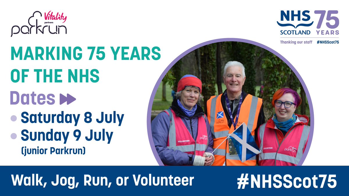 To help mark the anniversary of the #NHS @NHSScotland has teamed up with @parkrunUK 
@juniorparkrunUK to host parkrun for the NHS. Events will take place on Sat 8 July and Sun 9 July. For more information and to find a parkrun near you visit parkrun.org.uk #nhsscot75