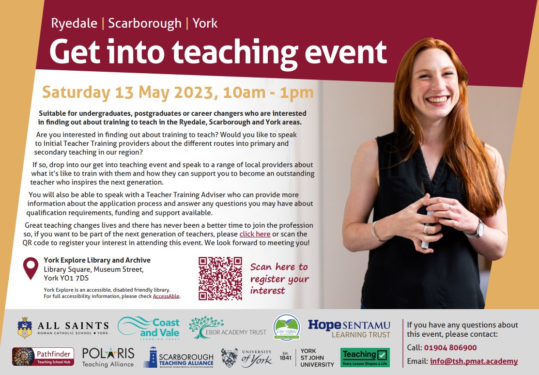 🍎Come and see us in York on Saturday 13th May to discuss your future in teaching👥
📕PGCE Primary 3-7 years
📗PGCE Primary 5-11 years
📓PGCE Secondary
@PathfinderTSH 
#yourquestionsanswered #traintoteach #findoutmore @CoastVale