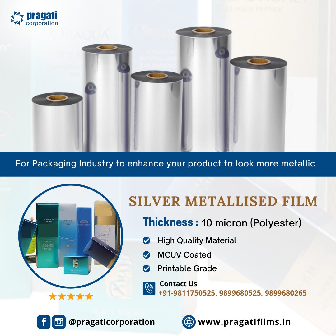 laminationfilms's tweet photo. 👉#SilverMetallisedFilm | Thickness: 10 microns (Polyester) | #MCUVCOATED (#PrintableGrade)✅
✅Contact us for #Printing #Packaging Films, UV Coatings, #Adhesives, Jelly Glue, Window Patching Films &amp; Corner tape.
📞+91 98117 50525, +91 9899680525
👉Visit: https://t.co/a0PAlFkMAq https://t.co/qpTflYq0pa
