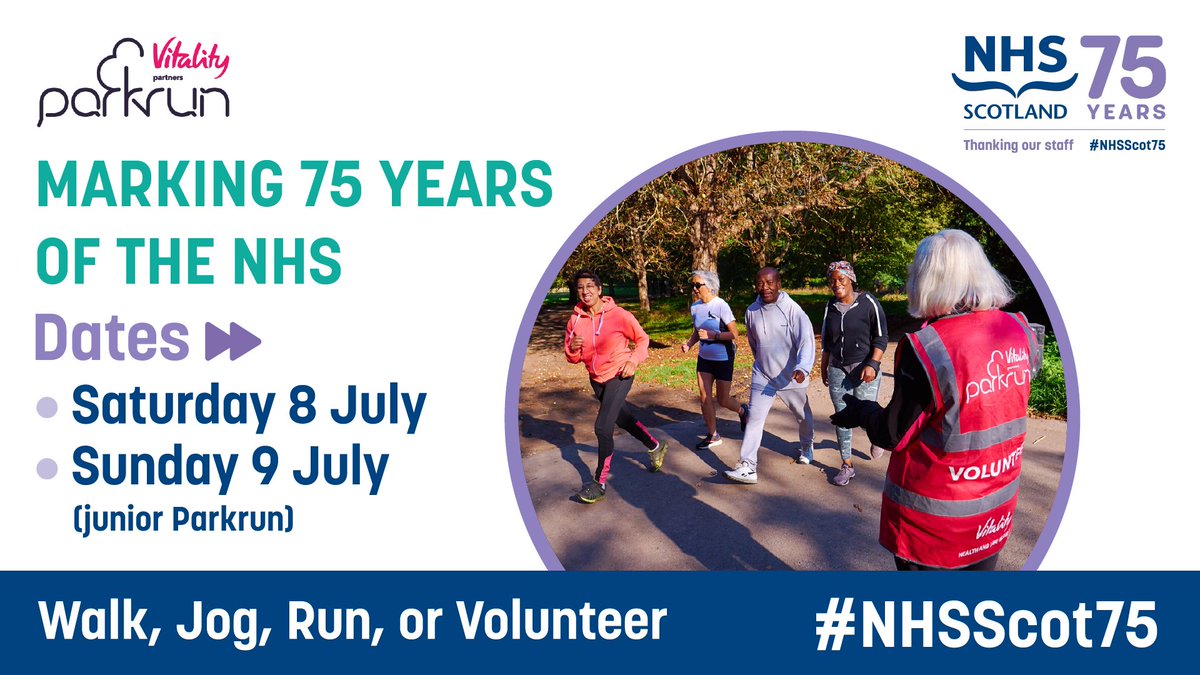 To help mark the anniversary of the #NHS @NHSScotland has teamed up with @parkrunUK 
@juniorparkrunUK to host parkrun for the NHS. Events will take place on Sat 8 July and Sun 9 July. For more information and to find a parkrun near you visit parkrun.org.uk #nhsscot75