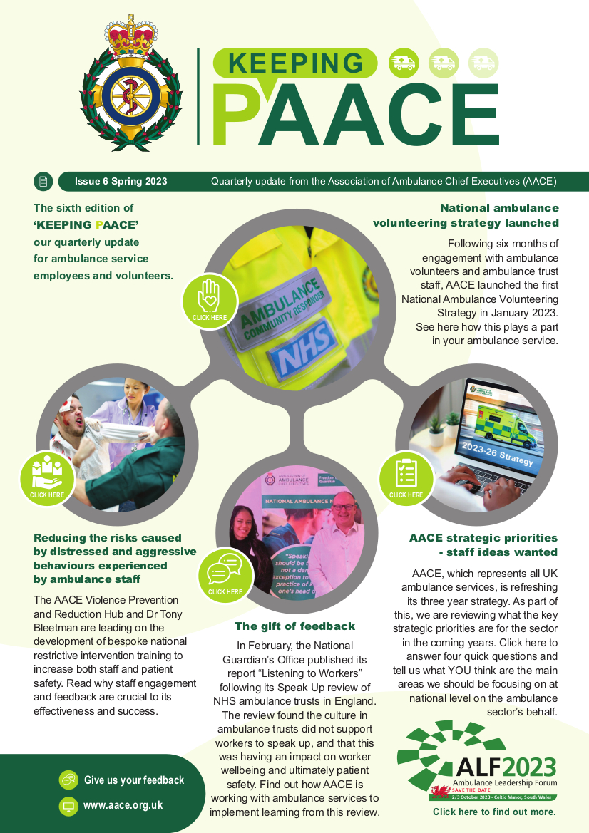 The 6th edition of Keeping PAACE, our #ambulance service employees &amp; #volunteers update, is now out, including:

- the #AmbulanceVolunteering Strategy
- AACE’s Strategic Priorities
- Listening to Workers &amp; #FTSU Report
- Reducing #Violence &amp; Aggression

👉aace.org.uk/news/aace-publ…