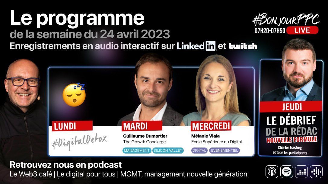 PPC's tweet photo. 📷 RDV  en direct sur #Twitch à 7h20 https://t.co/MkVRfpQmbn le matin

Sinon #podcast en replay !  

📷𝗟𝗲 𝗱𝗶𝗴𝗶𝘁𝗮𝗹 𝗽𝗼𝘂𝗿 𝘁𝗼𝘂𝘀 https://t.co/VMgH3YXft4 

📷𝗟𝗲 𝗪𝗲𝗯𝟯 𝗰𝗮𝗳𝗲́ https://t.co/Hg3s5KFCa0 

📷𝗠𝗚𝗠𝗧 https://t.co/CpR80ILojl

#BonjourPPC #Podcast https://t.co/HJcYA4Rr4r