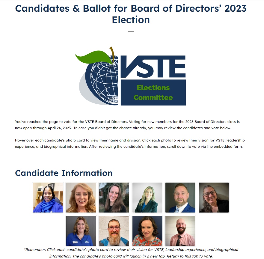 🔎 Have you reviewed the candidates for the @VSTE Board of Directors election happening now? vste.org/elections/2023… ✉️ Don't forget to vote by 4-24-23!