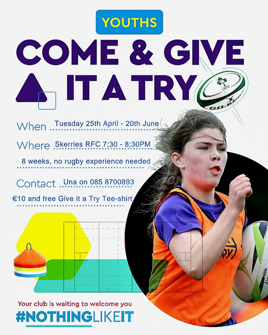 skerriesrugby's tweet photo. The @IrishRugby
@canterburyNZ #giveitatry is kicking off tomorrow in @skerriesrugby.
Starting at 7:30 - 8:30pm and running for 8 weeks.
Open to all girls aged 10 - 14 yrs. 
Sign up today!
#nothinglikeit #cantseecantbe #girlsrugby @LeinsterWomen https://t.co/FL9VZpOEfG https://t.co/dMDrimuPoa