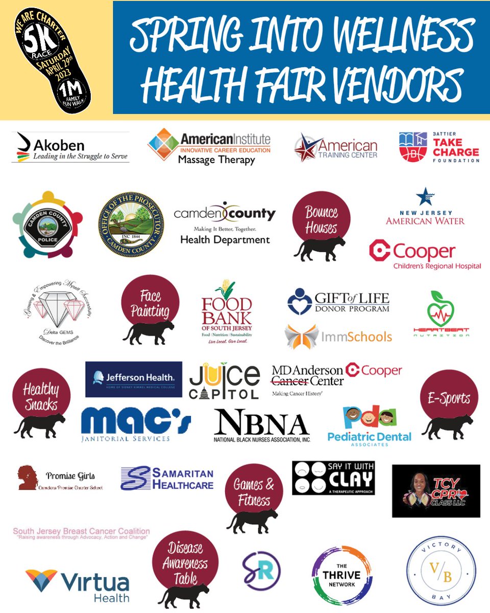 Camdencsn's tweet photo. The We Are Charter 5K is fast approaching on Saturday, April 29th! There is still time to register for the walk or run, https://t.co/HLfML6P982! No registration needed if you plan on attending our free Spring Into Wellness Health Fair, see our vendors below! https://t.co/aRgcmq8Z13