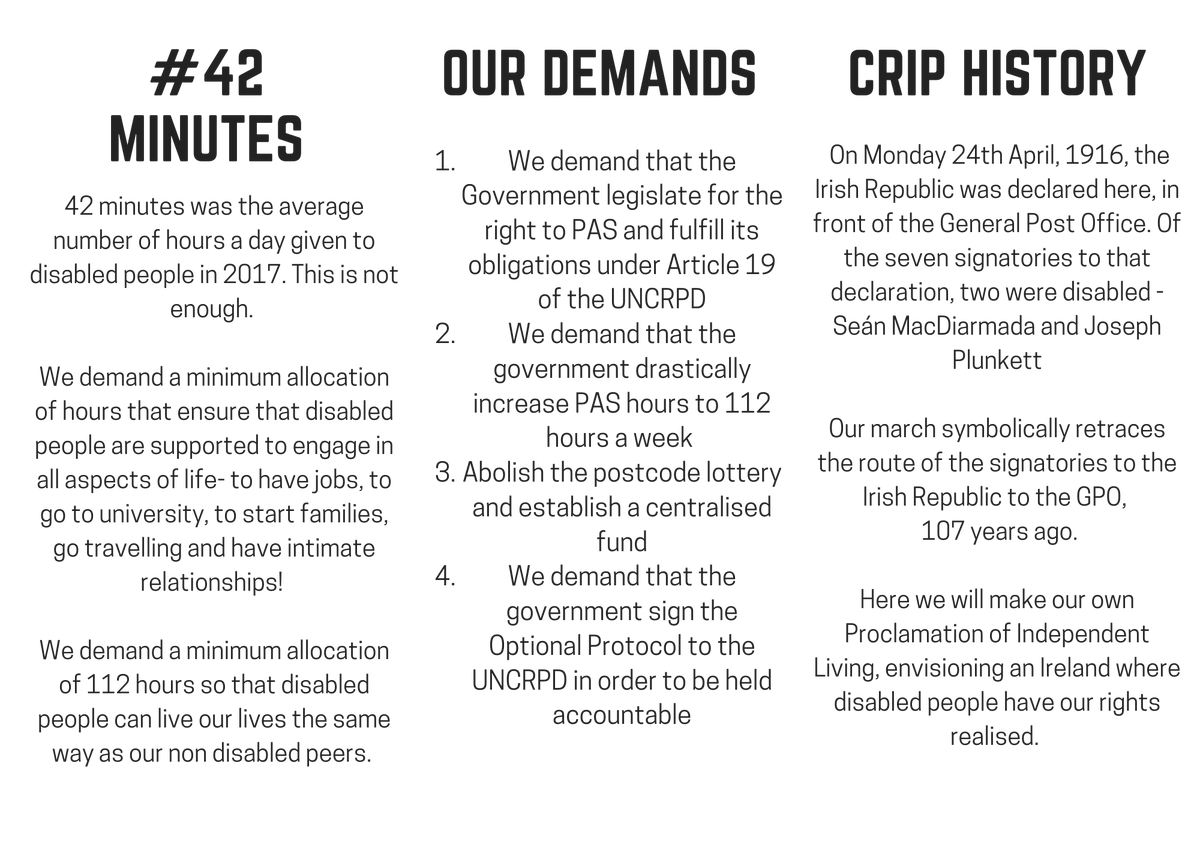 _DPIreland's tweet image. Calling All Disabled People to Join Us On the Streets Today- we are Rising Together! Thank you to @BarryLenihan and RTE who will be covering us, 4pm from the Garden of Remembrance to the GPO. See our demands below, also in support of @ILMIreland's #PASNOW Campaign. #42minutes