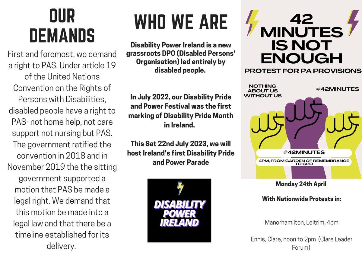 _DPIreland's tweet image. Calling All Disabled People to Join Us On the Streets Today- we are Rising Together! Thank you to @BarryLenihan and RTE who will be covering us, 4pm from the Garden of Remembrance to the GPO. See our demands below, also in support of @ILMIreland's #PASNOW Campaign. #42minutes
