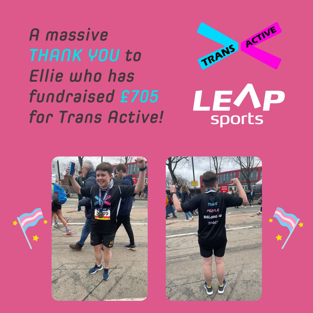 LEAPsports's tweet image. A massive thank you to Ellie who ran the Manchester Marathon (woah!!) and raised an amazing £705 for our @TransActiveScot projects🏳️‍⚧️🥳
This will go towards creating safe and celebratory spaces for trans and non-binary people in sport in Scotland.