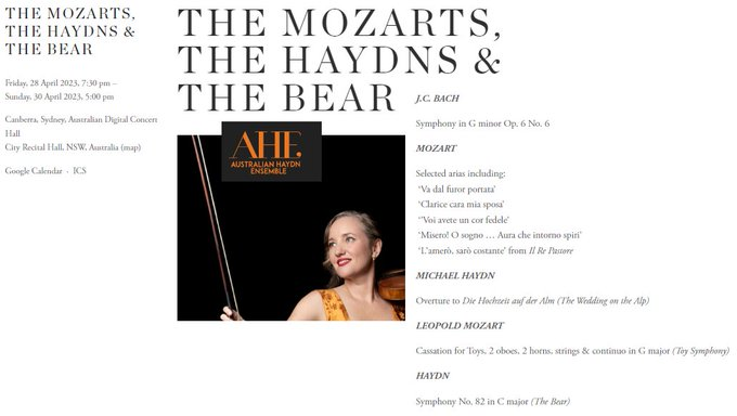 MozartCircleCN's tweet photo. 28 & 30 April 2023 #Canberra
@AustralianHaydn presents
THE MOZARTS, THE HAYDNS & THE BEAR:
with music by
#JCBach #Mozart #LMozart #MHaydn
& #Haydn Symphony No82 #Bear! #ff
@HaydnSocGB @HaydnGuild @HaydnEnthusiast
@HaydnSocietyNA
https://t.co/SPJ2IczDEE https://t.co/RWeNQ0sm9f
