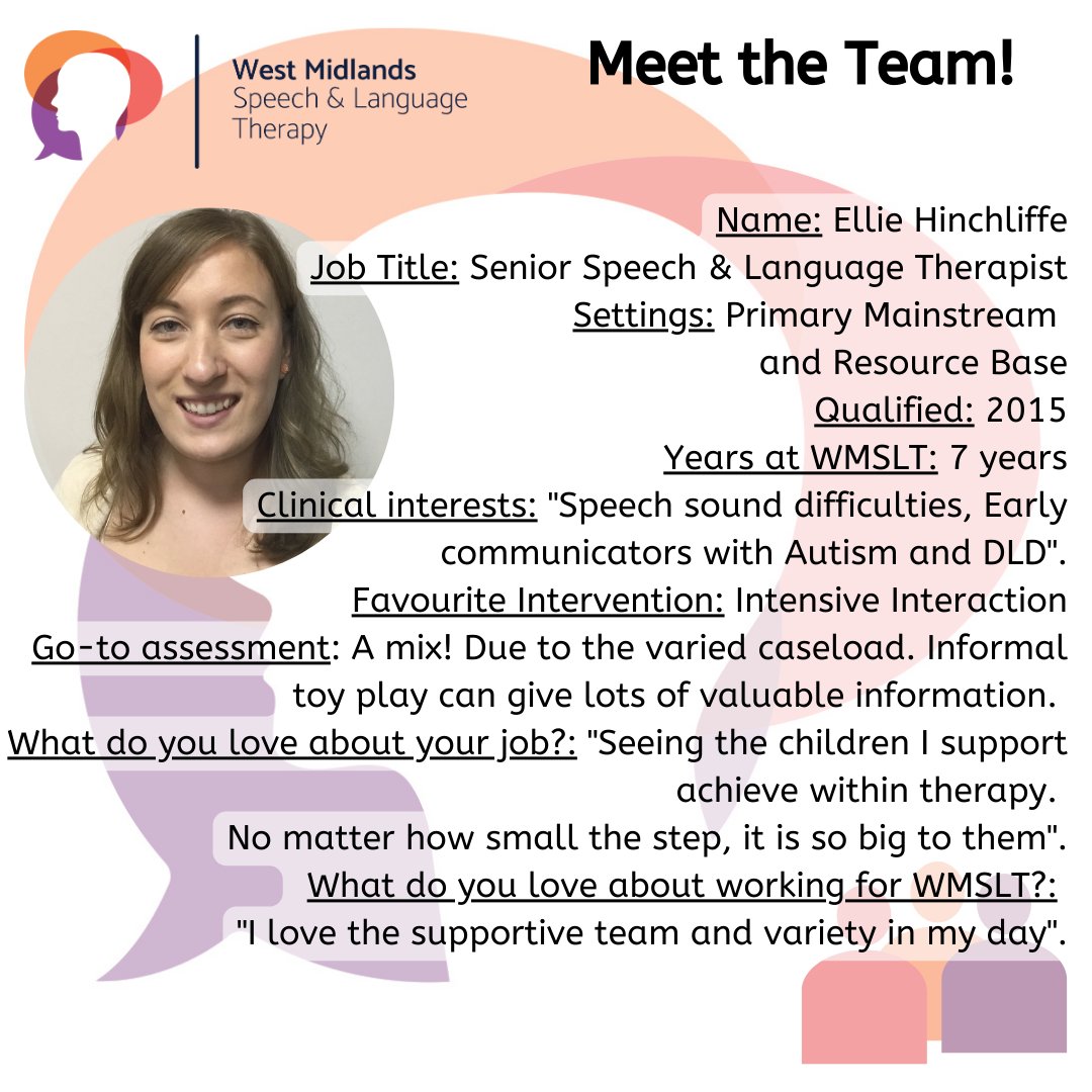 #MeetTheTeam 👋

Ellie is one of our senior speech and language therapists and has been with us for 7 years!

#SEND #DLD #Autism #SSD #SLT
