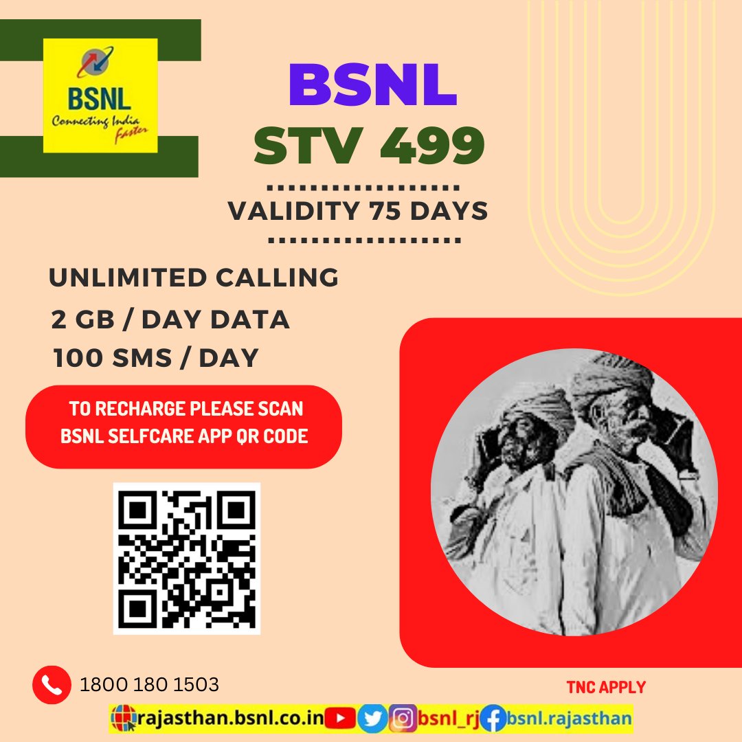 BSNL_RJ's tweet photo. Enjoy #UnlimitedCalling, 2GB/Day data and 100 SMS/Day for 75 days.
#RechargeOnline with #BSNL #STV499 today:- https://t.co/tR0ukBobz4… #BSNLRecharge #AffordableRecharge #BSNLRJ_Mobile https://t.co/RkAhTAfqAg