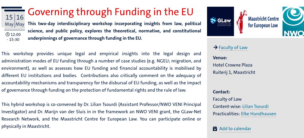 Join our HYBRID @lawinmaastricht @gln_maastricht @NWONieuws wksp on governing through funding 15-16 May maastrichtuniversity.nl/events/governi…. Org. yours truly & @MarijnvdSluis & feat. B De Witte, J Zeitlin,  @AntoniaBaraggia,@teobone,@M_Eliantonio, @EmiliaKorkeaaho,@AnnalisaVolp & more!