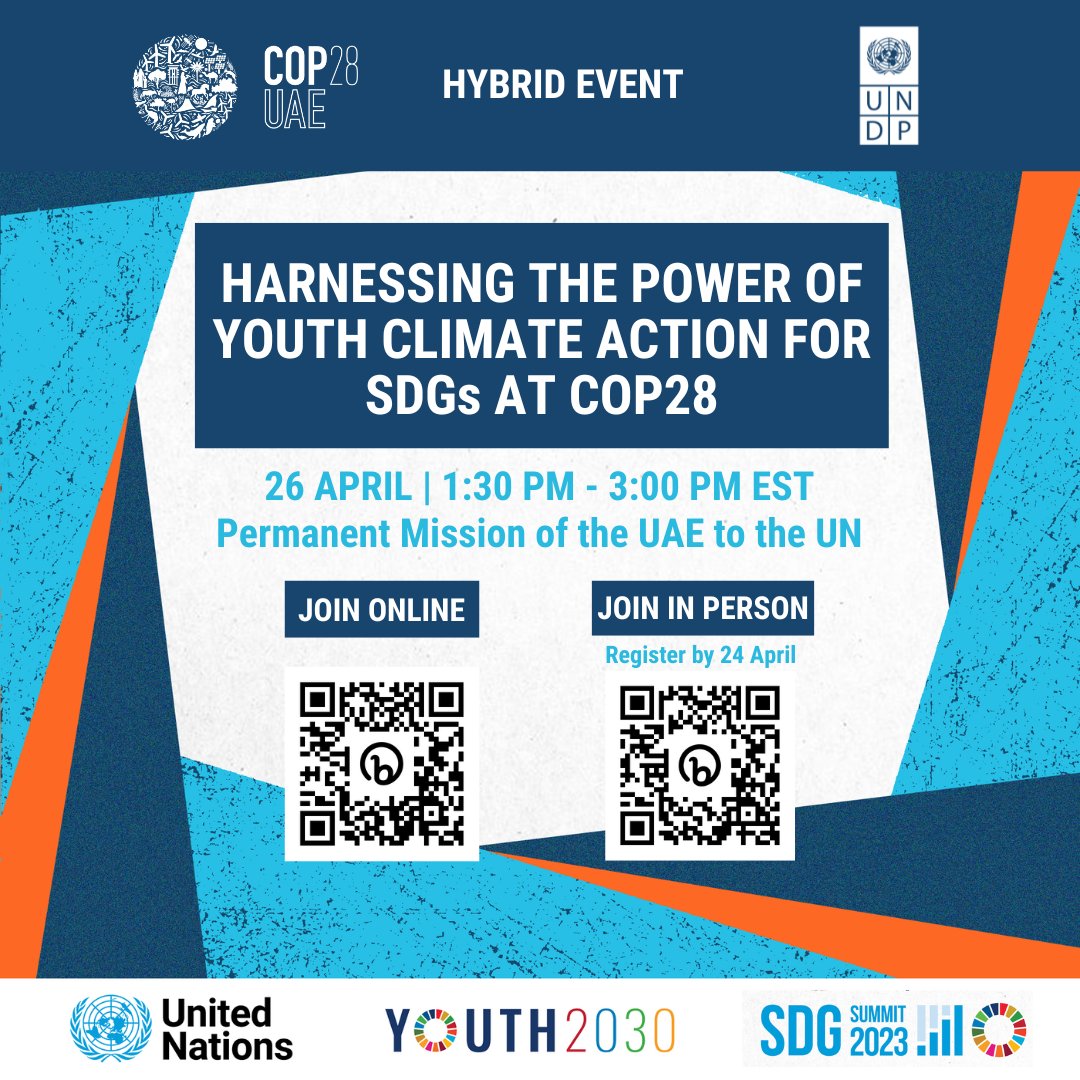 Join us at the <a href="/UNECOSOC/">UN ECOSOC President</a> #Youth2030 Forum side event, co-hosted by #COP28, the Youth Climate Champion team &amp; <a href="/UNDP/">UN Development</a> to spotlight

🗺Youth climate leaders &amp; their experiences
🤝Youth engagement in climate decision-making
🌐Youth-led action in achieving the #SDGs 

Registration 🔗👇