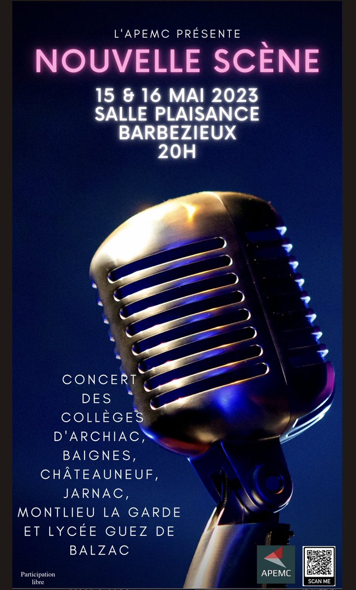 ClgMauriceGenev's tweet photo. 📢 À vos agendas !🎵
🎙️Concerts des chorales scolaires du Sud-Charente les 15 &amp;16 mai prochains à Barbezieux 🎶 
"Nouvelle Scène" de Gaël Faye à Billie Eilish... Tout un programme 😉
@ClgMauriceGenev @Jean_Lartaut
#Archiac #Baignes
@emcc_poitiers 
@acpoitiers @dsden16 #edmus https://t.co/7fwqmgSprZ