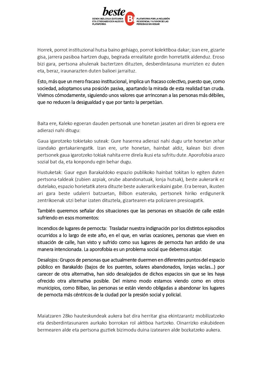 BesteBi_PSHbiz's tweet photo. Gaur irakurritako agiria, comunicado leído hoy. #besteBi #EskubideakBozkatu #VotaDerechos #InorEzEtxerikGabe #NadieSinHogar #InorEzEskubiderikGabe #NadieSinDerechos https://t.co/FGXiQ5mRTj