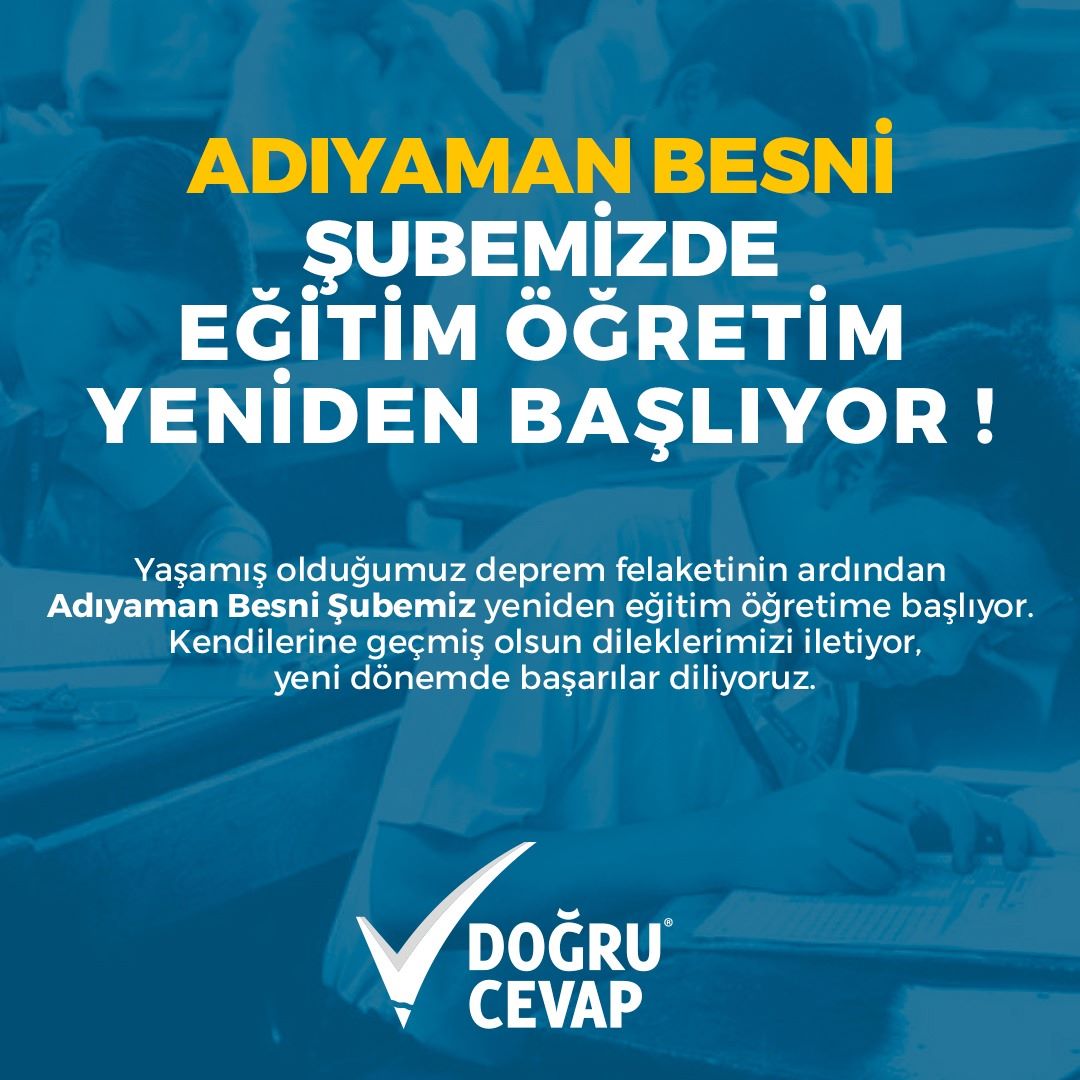 Adıyaman Besni Şubemiz yaşadığımız deprem felaketinin ardından eğitim öğretime yeniden başlıyor. Şubemizde eğitime yeniden başlayacak olan tüm öğrencilerimize başarılar diliyoruz.
#DoğruCevap #DoğruCevapİyiGelecek #Adıyaman #Besni #Kurs #Eğitim #Sınav #ÖzelKurs