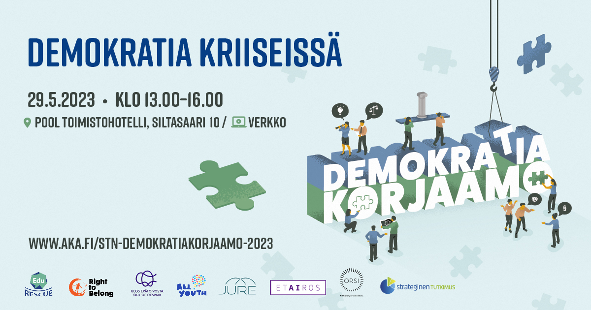 Olemme mukana Demokratiakorjaamossa! R-to-B:n ja <a href="/ulosepatoivosta/">Ulos epätoivosta</a> työpaja "Miksi yksinäisyys ja ulkopuolisuus voivat johtaa väkivaltaan?" klo 14:30 hybridinä. Mukana kokemusasiantuntija <a href="/Osallisuudena/">Osallisuuden aika ry</a>, <a href="/niina_junttila/">Niina Junttila</a>, @saloanne_elina &amp; <a href="/JariTaponen/">Jari Taponen</a>. 

👉 aka.fi/stn-demokratia…
