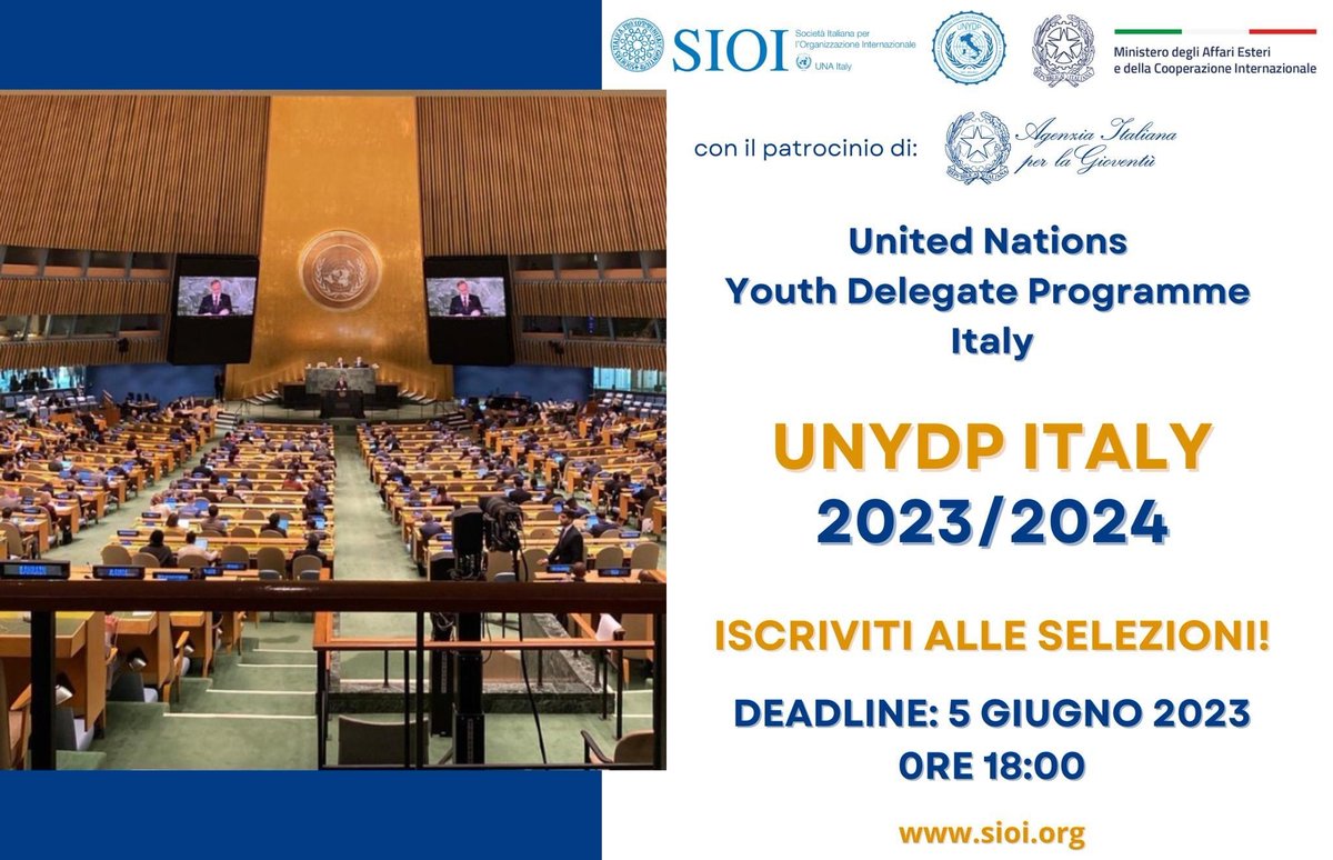 #UNYDP 2023/24 📢 il programma @SIOItweet e #Farnesina per la partecipazione dei giovani nelle missioni diplomatiche 🇮🇹 presso🇺🇳

⏰Il prossimo Youth Delegate d’Italia potresti essere tu!

Invia la candidatura entro il 5 giugno 2023

Info e bando👇
sioi.org/attivita/event…