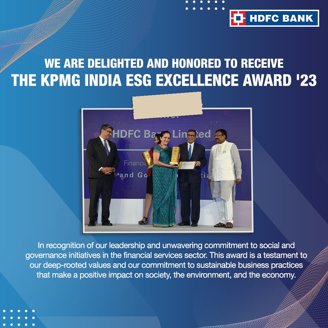 We are grateful to KPMG India for recognizing our efforts and would also like to extend our congratulations to all the other winners and participants of the #KPMGESGConclave.
#ESGExcellenceAwards #Sustainability #CorporateResponsibility #HDFCBank #KPMGIndia #FinancialServices