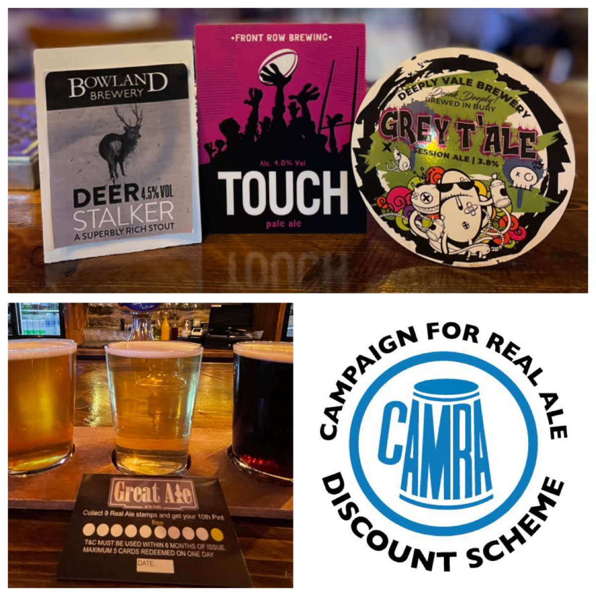 Great Ale at the Vaults (@greatalevaults) on Twitter photo 🍻#REALALE AVAILABILITY🍻
<a href="/DeeplyVBrewery/">Deeply Vale Brewery</a> Grey T’ale 3.8% Session ale
<a href="/FrontRowBrew/">Front Row Brewing</a> Touch 4.0% Pale ale
<a href="/BowlandBrewery/">Bowland Brewery</a> Deer Stalker 4.5% #stout
Don’t forget your CAMRA card to receive a discount or loyalty card available and have your 10th pint on us🍺
#thevaults #bolton #ale 🍻#REALALE AVAILABILITY🍻
<a href="/DeeplyVBrewery/">Deeply Vale Brewery</a> Grey T’ale 3.8% Session ale
<a href="/FrontRowBrew/">Front Row Brewing</a> Touch 4.0% Pale ale
<a href="/BowlandBrewery/">Bowland Brewery</a> Deer Stalker 4.5% #stout
Don’t forget your CAMRA card to receive a discount or loyalty card available and have your 10th pint on us🍺
#thevaults #bolton #ale